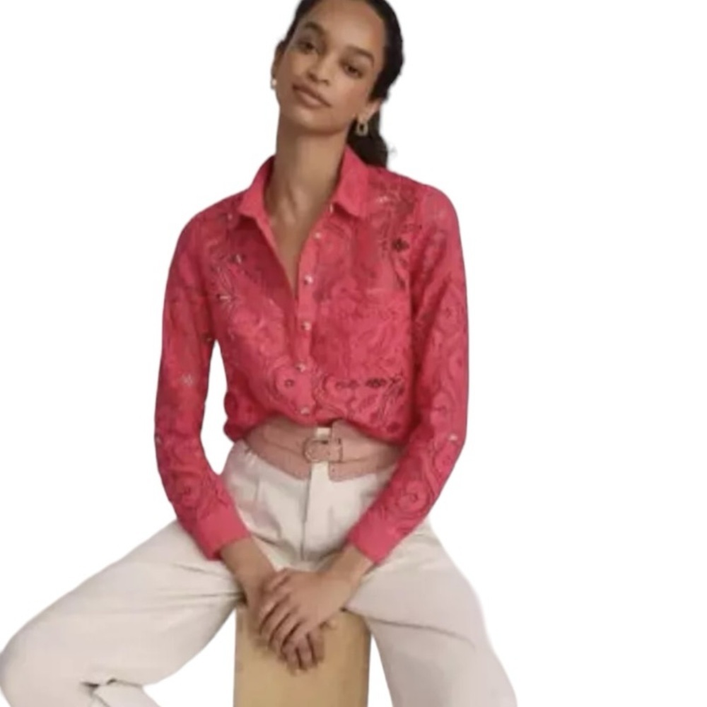 Maeve Pink Lace Button Down Shirt
